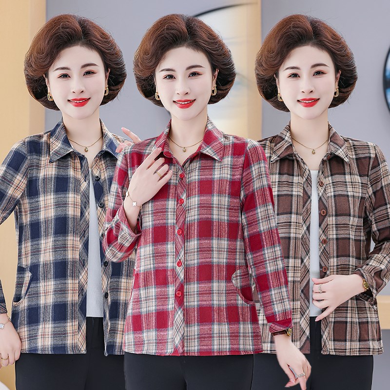 中老年棉布大格女衬衫春秋款大码衬衣女棉质磨毛长袖格子棉妈妈装