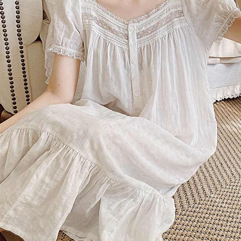 法式宫廷风公主睡裙纯棉夏季短袖睡衣女白色甜美全棉可外穿家居服