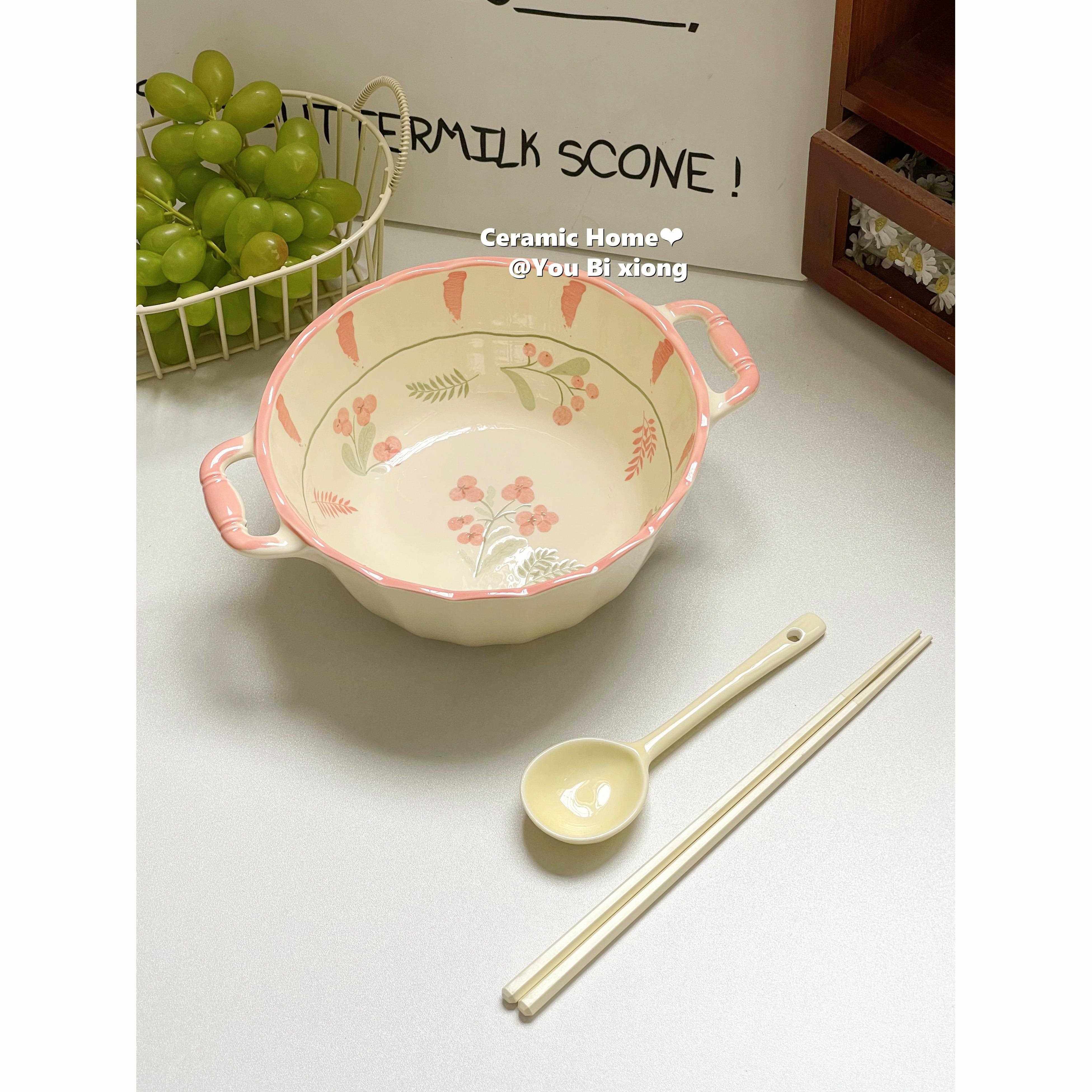 粉色海洋双耳汤碗家用2025新款汤盆吃泡面碗釉下彩面碗大碗双耳碗,餐饮具,碗,淘宝优惠券,粉丝福利购,淘宝优惠卷