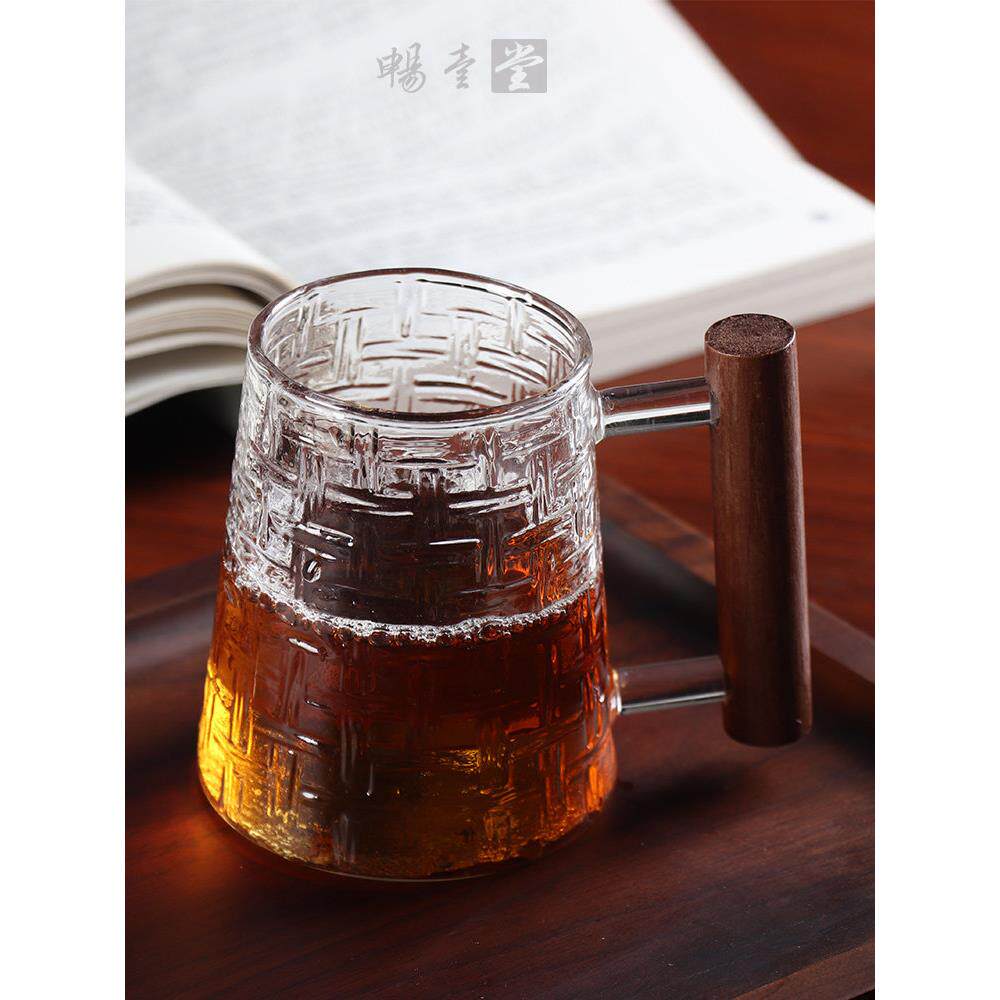 耐热玻璃水杯花茶绿茶泡茶杯耐高温实木把手居家办公杯咖啡杯