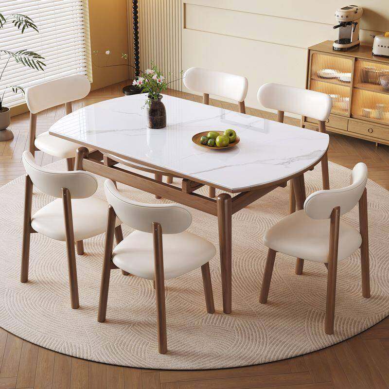 法式复古岩板餐桌椅组合家用小户型方圆两用可伸缩实木折叠饭桌子