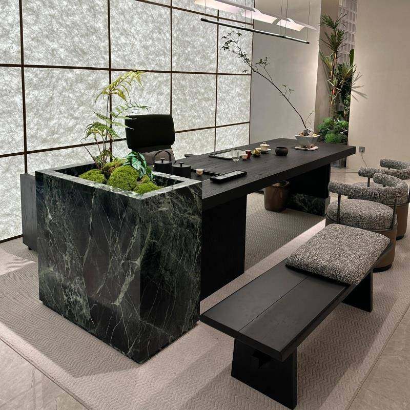 新中式岩板岛台茶桌2025新款实木多功能茶台北美黑胡桃木家用办公