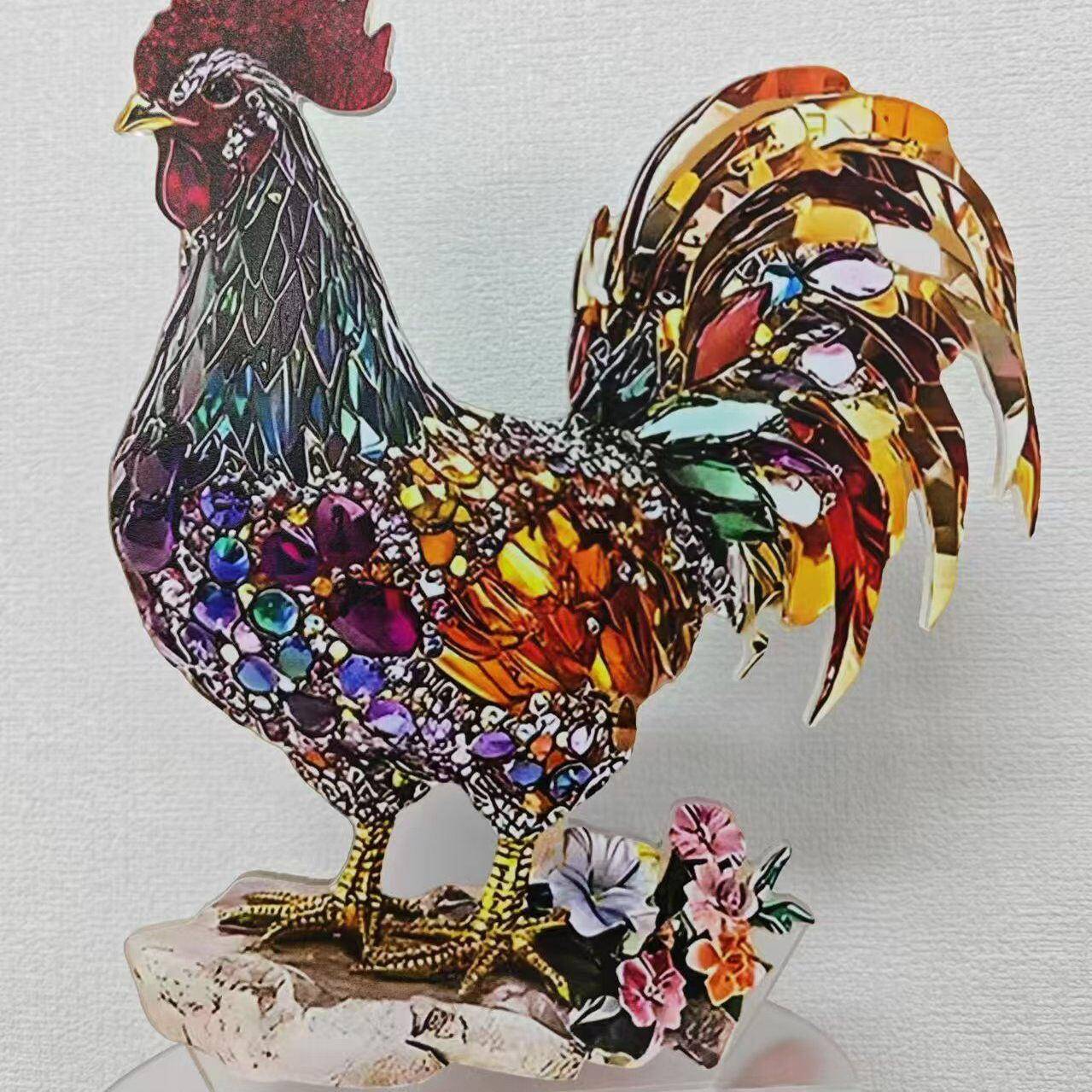 创意新款五彩招财公鸡动物摆件2D平面压克力家居办公桌面装饰摆饰