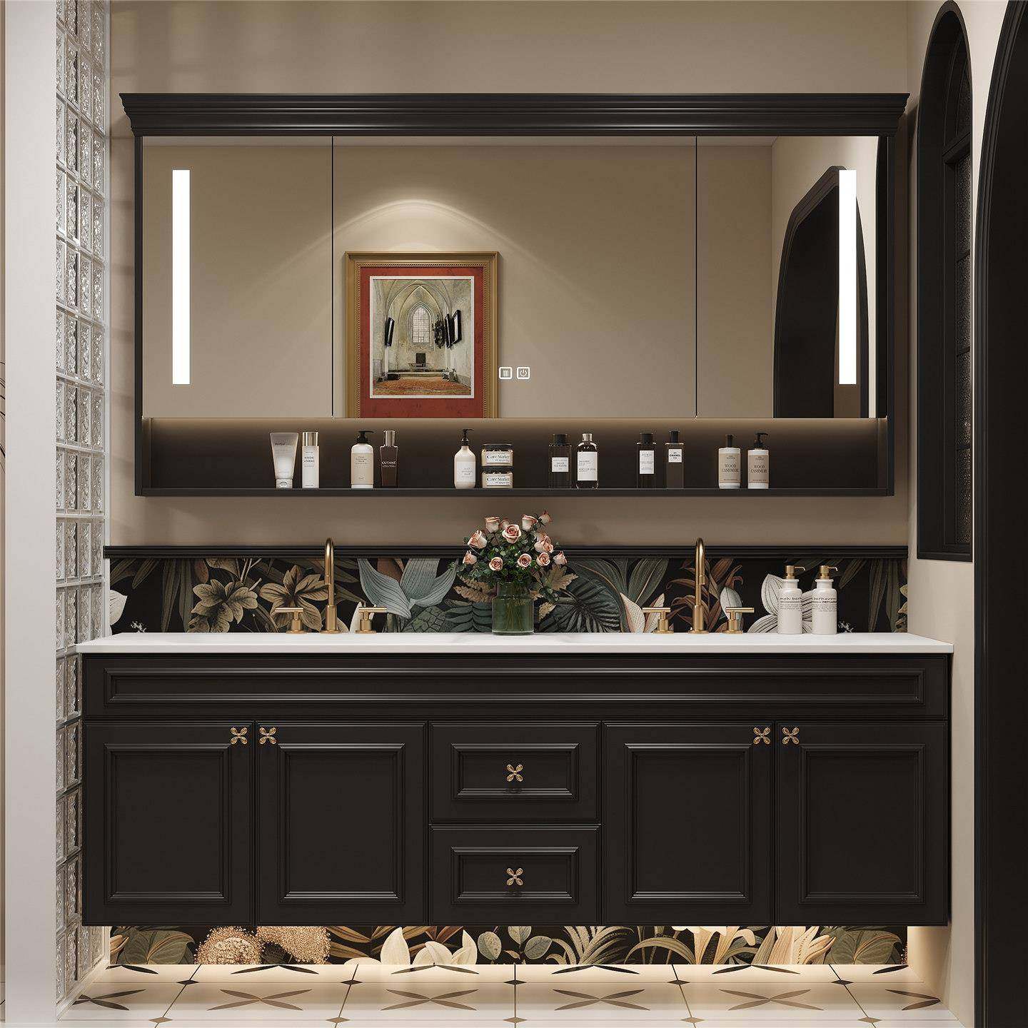 法式复古可丽耐一体盆双盆浴室柜卫生间岩板无缝陶瓷盆洗脸洗漱台