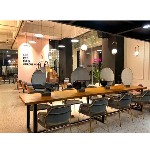 北欧简约实木镜台烫染中工双面镜发廊理发店镜美发圆镜子梳妆镜台