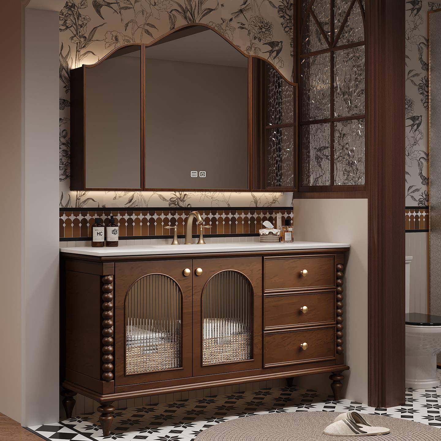 法式复古中古风浴室柜组合落地岩板热弯一体洗脸盆卫生间洗漱手台