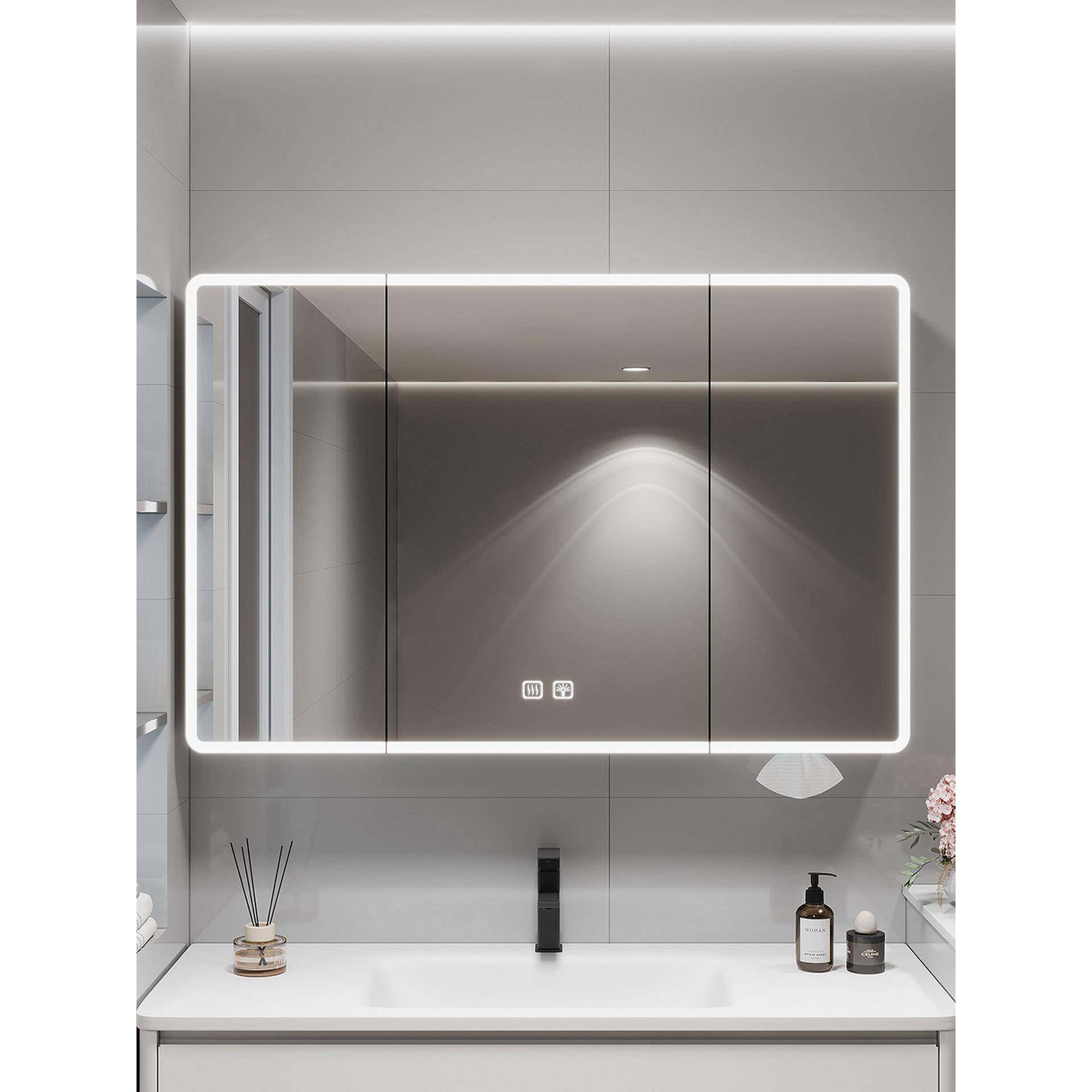 太空铝加高带插座智能浴室镜柜挂墙式卫生间牙刷吹风机美妆收纳架