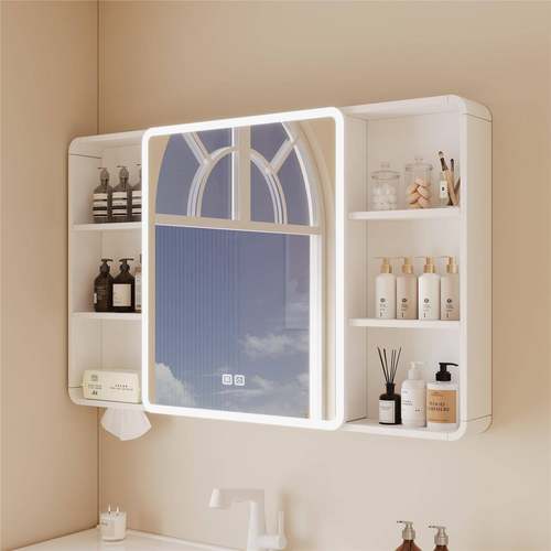 太空铝圆弧形浴室镜柜智能灯光储物柜卫生间挂墙式带梳妆镜抽纸孔