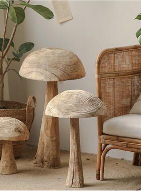 木质蘑菇摆设侘寂风复古实木民宿风格装饰院子落地大摆件庭院造景