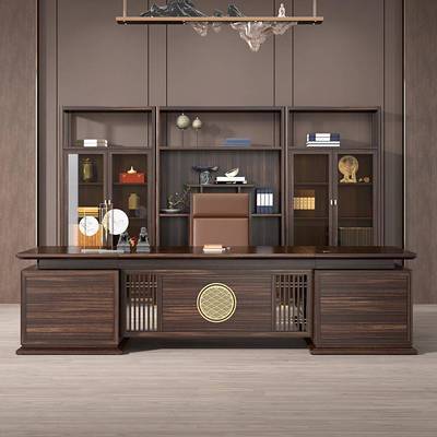新中式乌金木大班台实木办公桌转角老板经理总裁书房书桌背景书柜