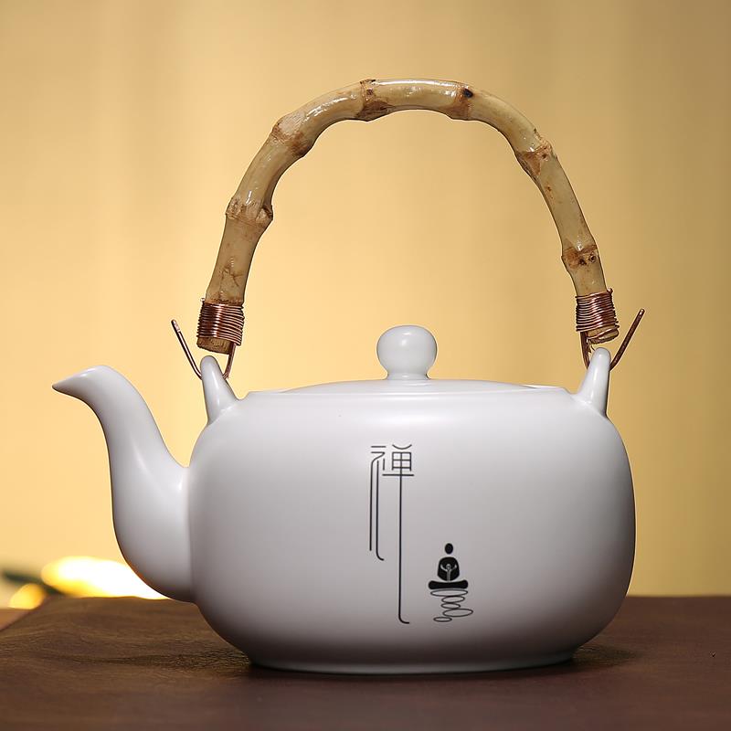 红茶茶艺专用瓷壶竹提梁壶禅意中式凉水壶白瓷泡茶壶功夫茶具大壶