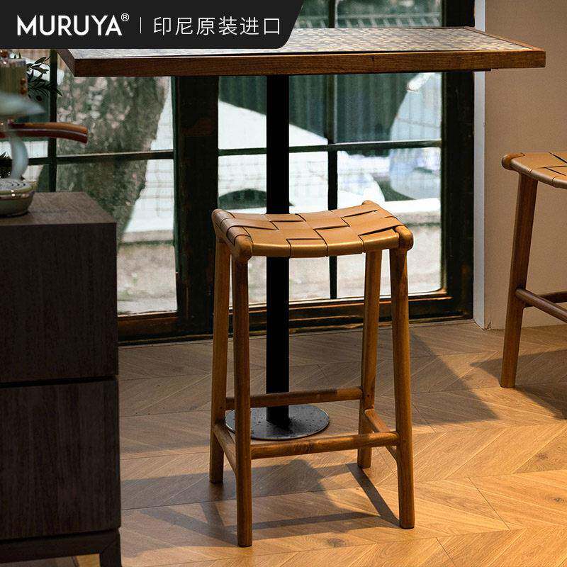 印尼原装进口实木岛台凳家用高脚餐椅北欧酒店网红民宿真皮吧台凳