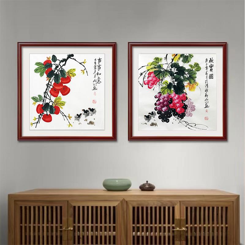 名家手绘花鸟画定制柿子图事事如意斗方餐厅玄关走廊装饰实木画框
