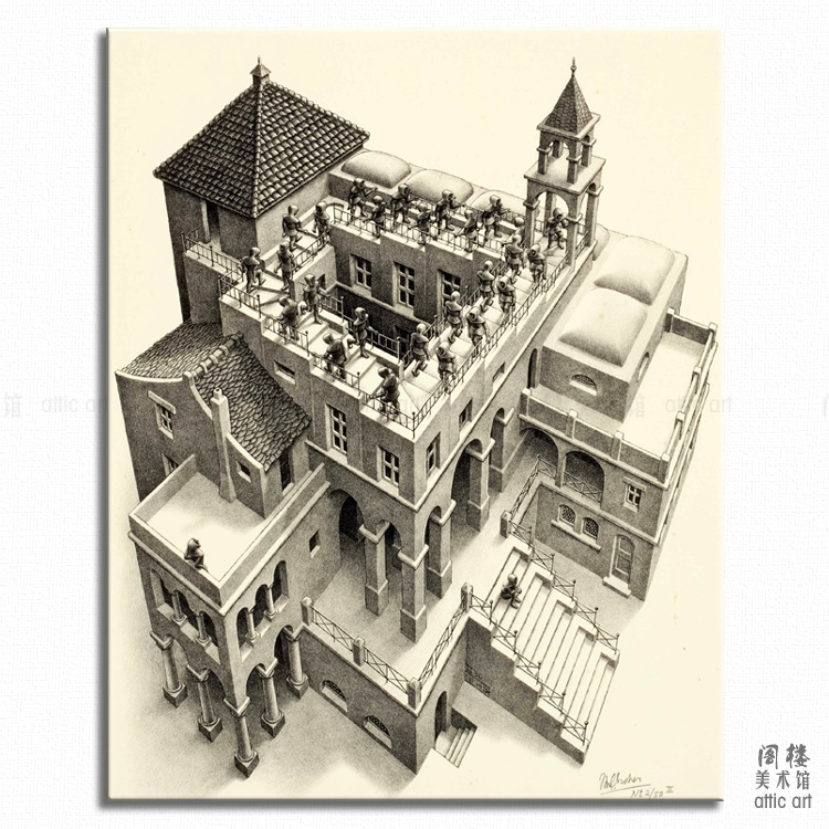 升与降 Escher 埃舍尔 视错觉版画装饰画P无框有框客厅书房酒吧
