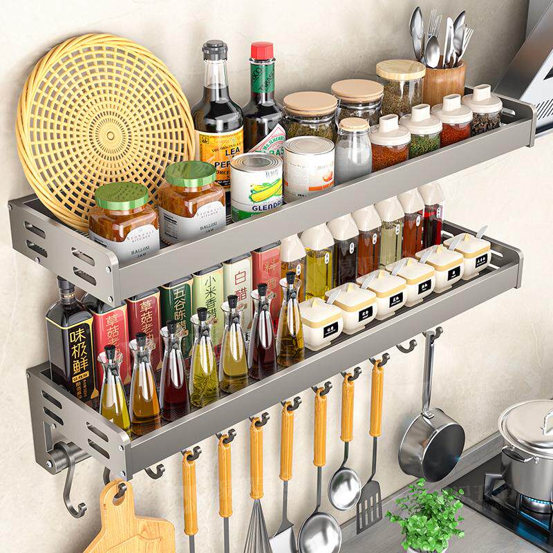 厨房调料置物架壁挂式免打孔多层调味品佐料收纳架多功能墙上挂钩