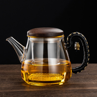 加厚玻璃泡茶壶家用茶水分t离玻璃杯胡桃木手工绑绳防烫不锈钢过