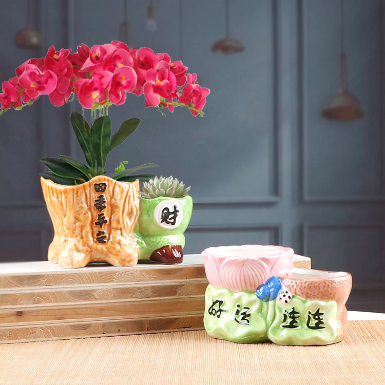 陶瓷双口连体双筒花盆个性创意植物盆发财树蝴蝶兰多肉盆栽专用盆