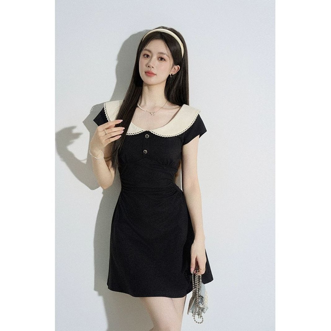 领黑色连衣裙女夏季高级