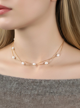 银饰 韩国双层叠戴珍珠锁骨链高级感项链女925银
