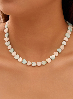 天然贝壳串珠心形锁骨链小众高级感切面混色项链