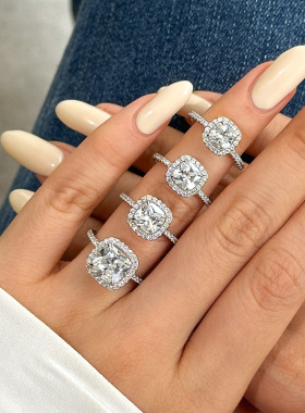 胖东来同款s925纯银1克拉莫桑石方糖戒指女轻奢百搭小众设计手饰