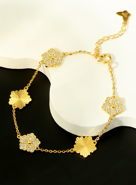 925纯银五叶花手链车花镶嵌镀金百搭网红气质通勤 手饰