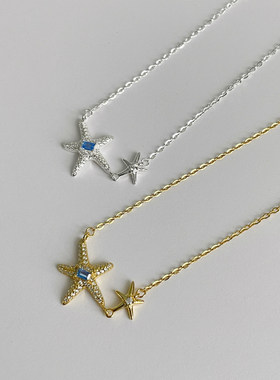 韩版轻奢S925纯银双海星项链女气质高级感镶星星锁骨链潮