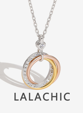 韩版S925银项链女时尚设计感三环三色镶钻圆圈吊坠气质