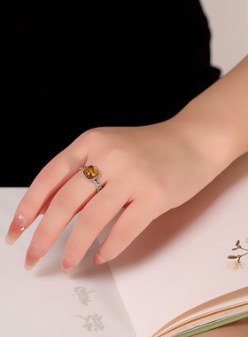 925银 复古做旧个性镶嵌琥珀方形麦穗指环开口百搭戒指