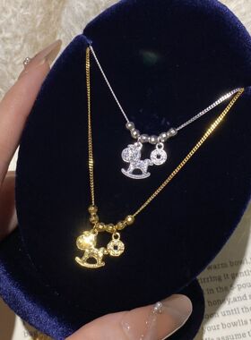 925纯银碎冰冰木马项链女时尚轻奢高级感马上有钱锁骨链