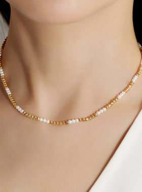 925纯银碎银子3m小米珍珠项链轻奢小众手工车花锁骨链女高级感