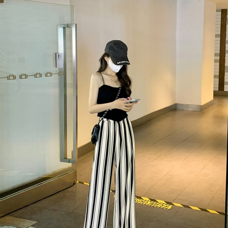 黑白条纹直筒休闲裤女春秋季2022新款高腰显瘦薄款宽松阔腿裤长裤