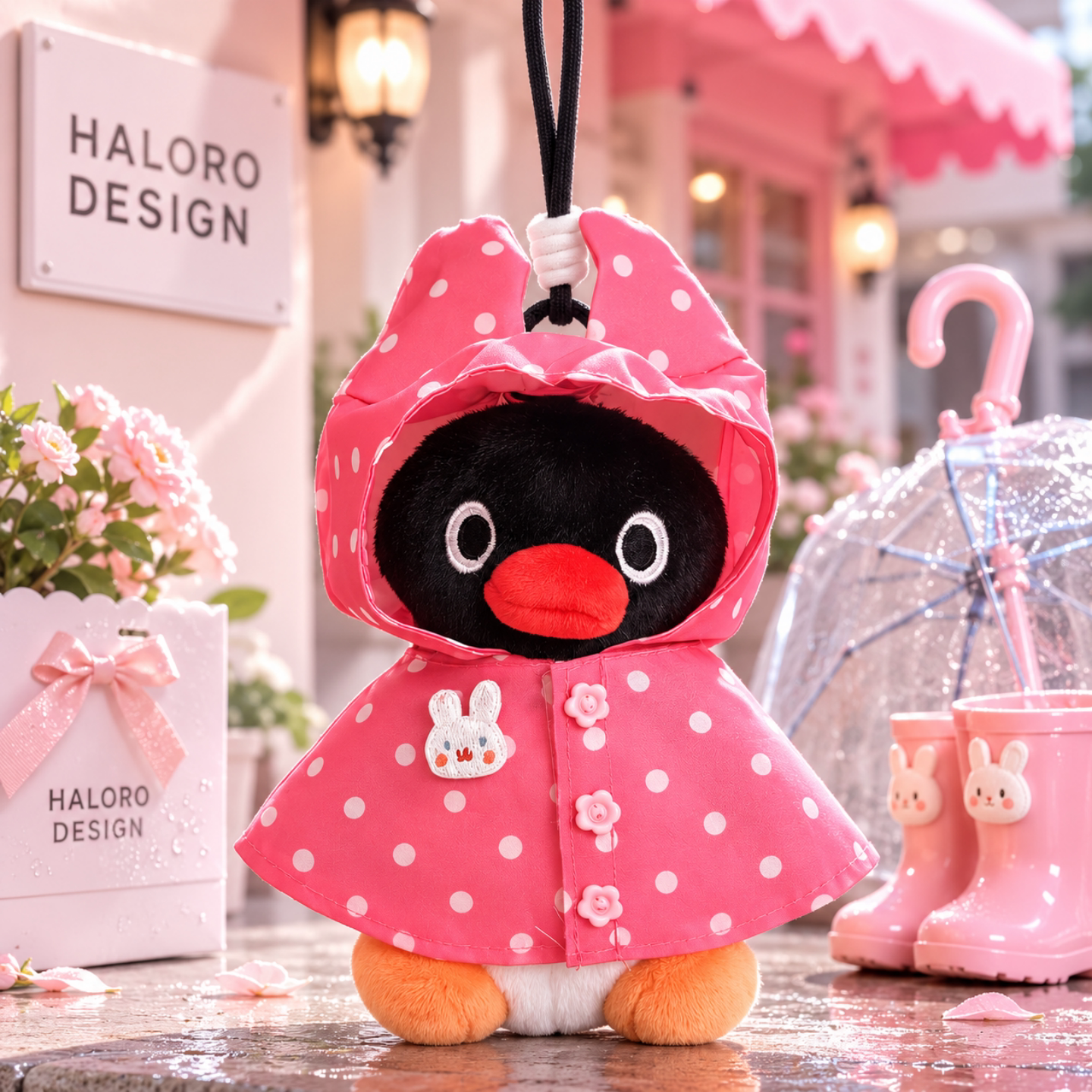 正版pingu企鹅粉色雨衣毛绒包挂件卡通公仔钥匙扣书包小挂饰礼物图片