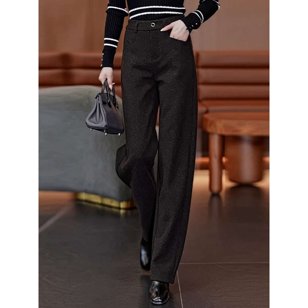 咖色羊休闲裤女秋冬季2025年新款流行的高腰宽松加厚阔腿裤子