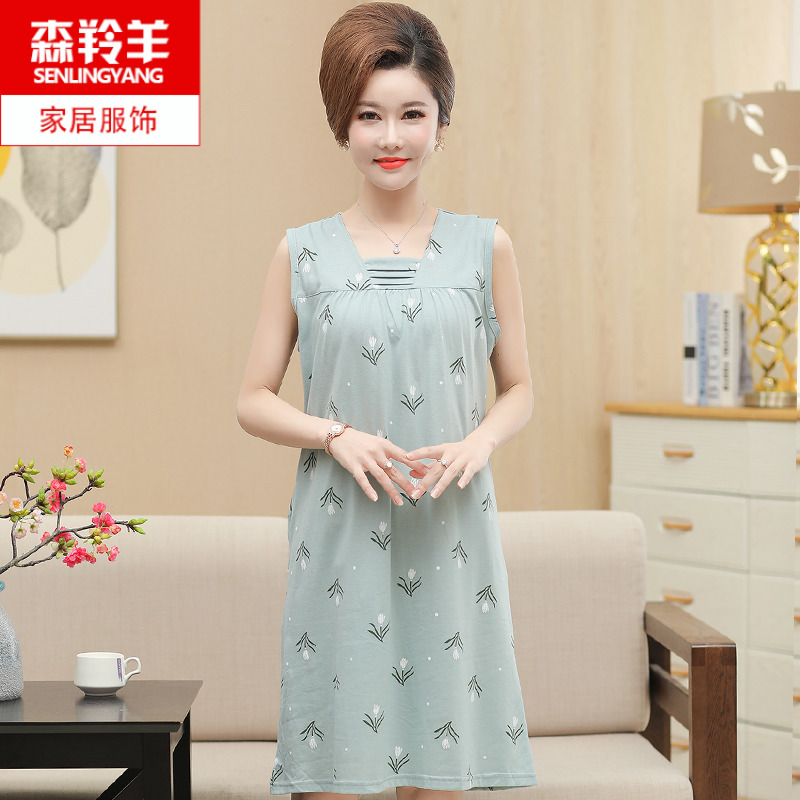 睡裙女士睡衣夏季夏天薄款裙子中长款中年妈妈加大码纯棉背心无袖