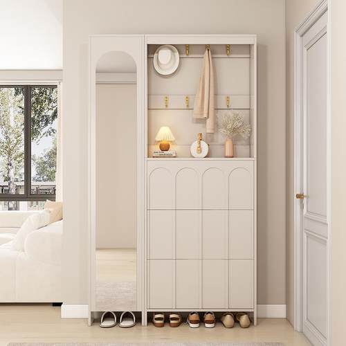 奶油风进门鞋柜挂衣帽架一体超薄家用门口窄玄关柜带全身穿衣镜子