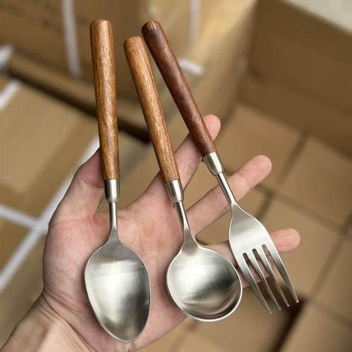 实木胡桃木304不锈钢餐具餐勺木柄西餐牛排刀叉勺套装三件套饭勺