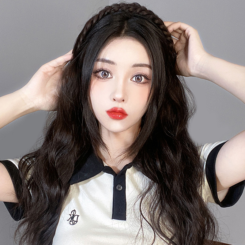 可拆卸鱼骨辫发箍假发女半头套玉米烫水波纹自然长卷发遮白发