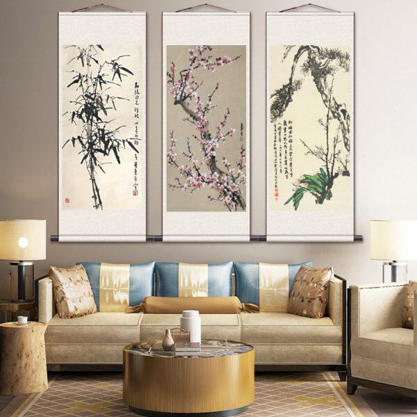 董寿平梅花墨竹图条幅卷轴花鸟画名画复制品中式书房玄关画装饰画