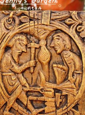 北欧复古仿木雕摆件 维京王国装饰 铁匠之心 花园壁挂板 古典花园