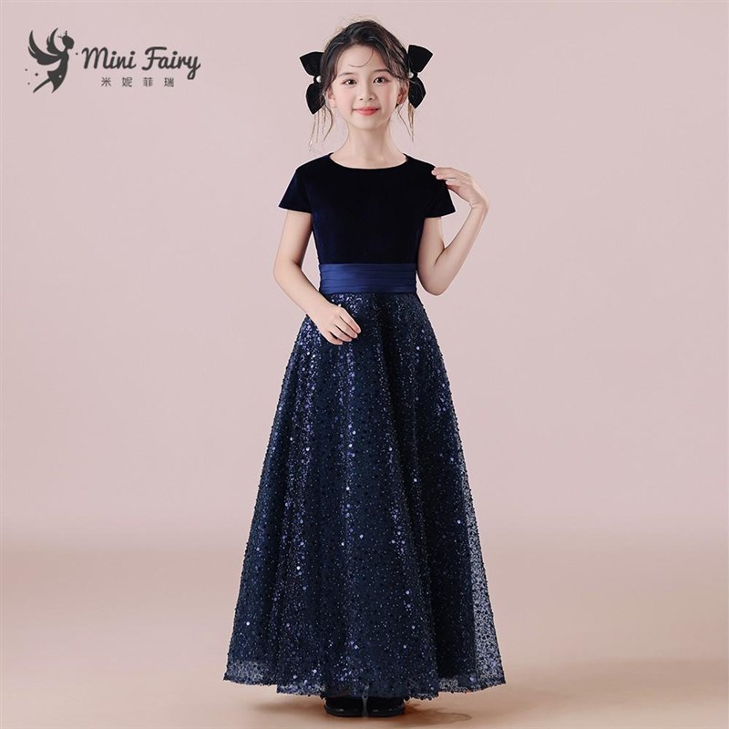 蓝色儿童礼服小主持人钢琴演奏女孩生日管弦乐团合唱演出服公主裙