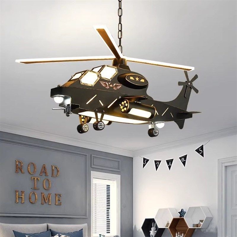 儿童房飞机灯吊灯男孩房间卧室灯创意个性复古工业风直升机模型灯