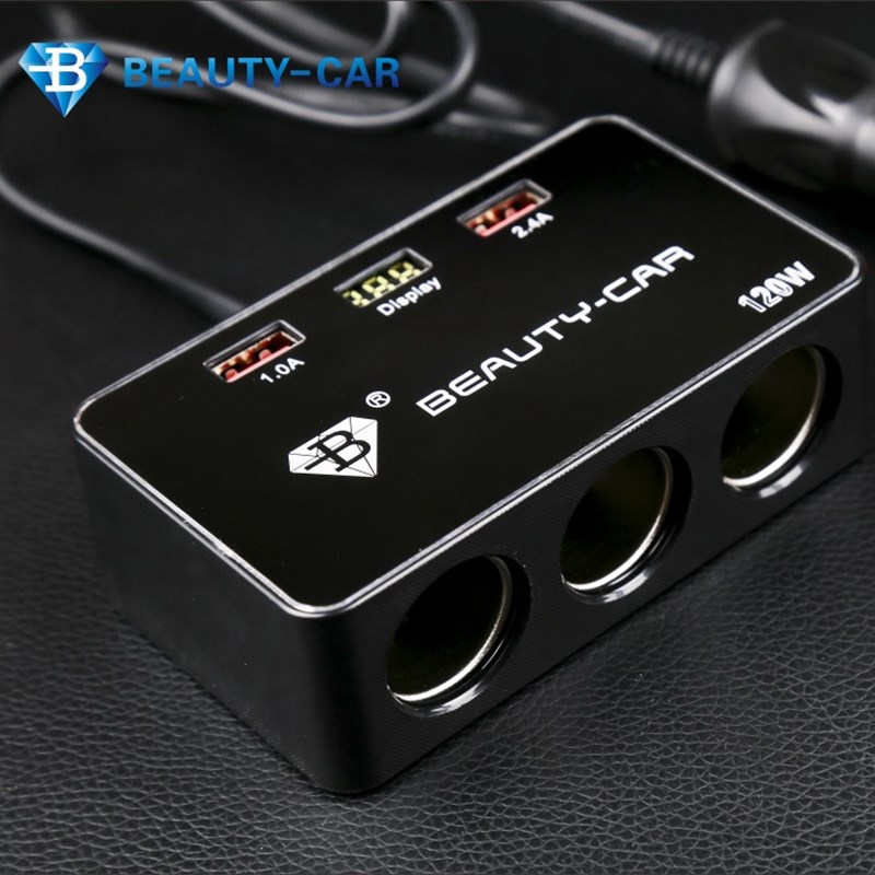 铭辉厂销 B-085大功率120W点烟器一分三带电压显示车载3孔点烟器