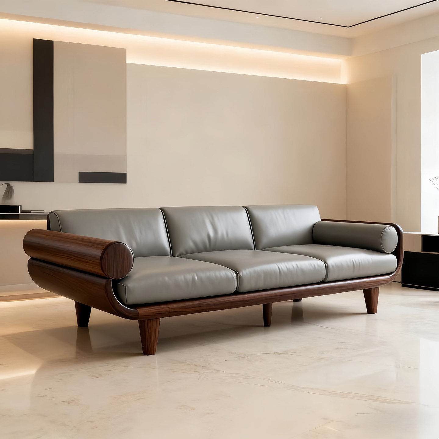 新中式实木沙发宋式美学客厅家用沙发北美黑胡桃木布艺直排沙发