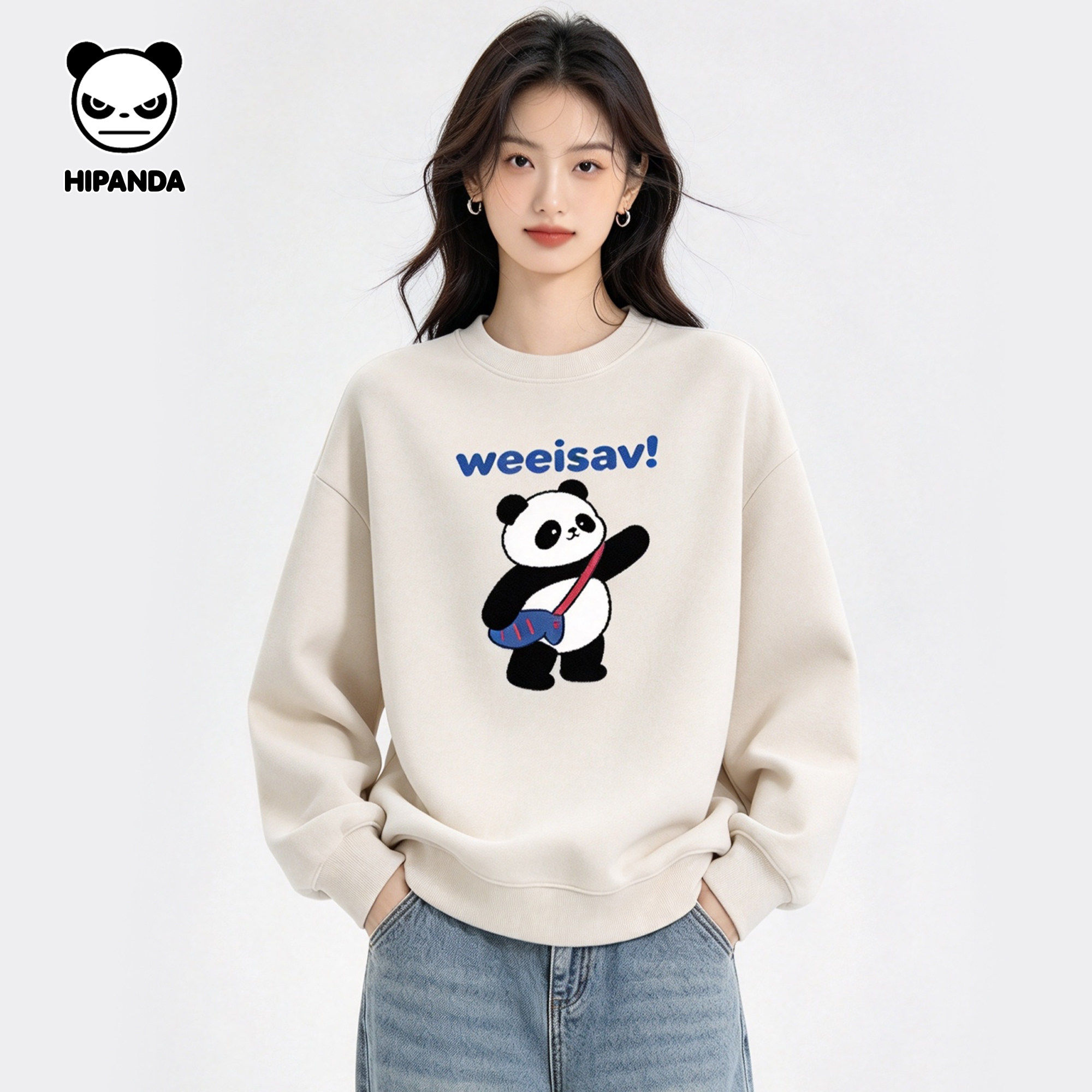 HIPANDA熊猫卡通印花圆领卫衣男女情侣款美式可爱运动休闲上衣潮