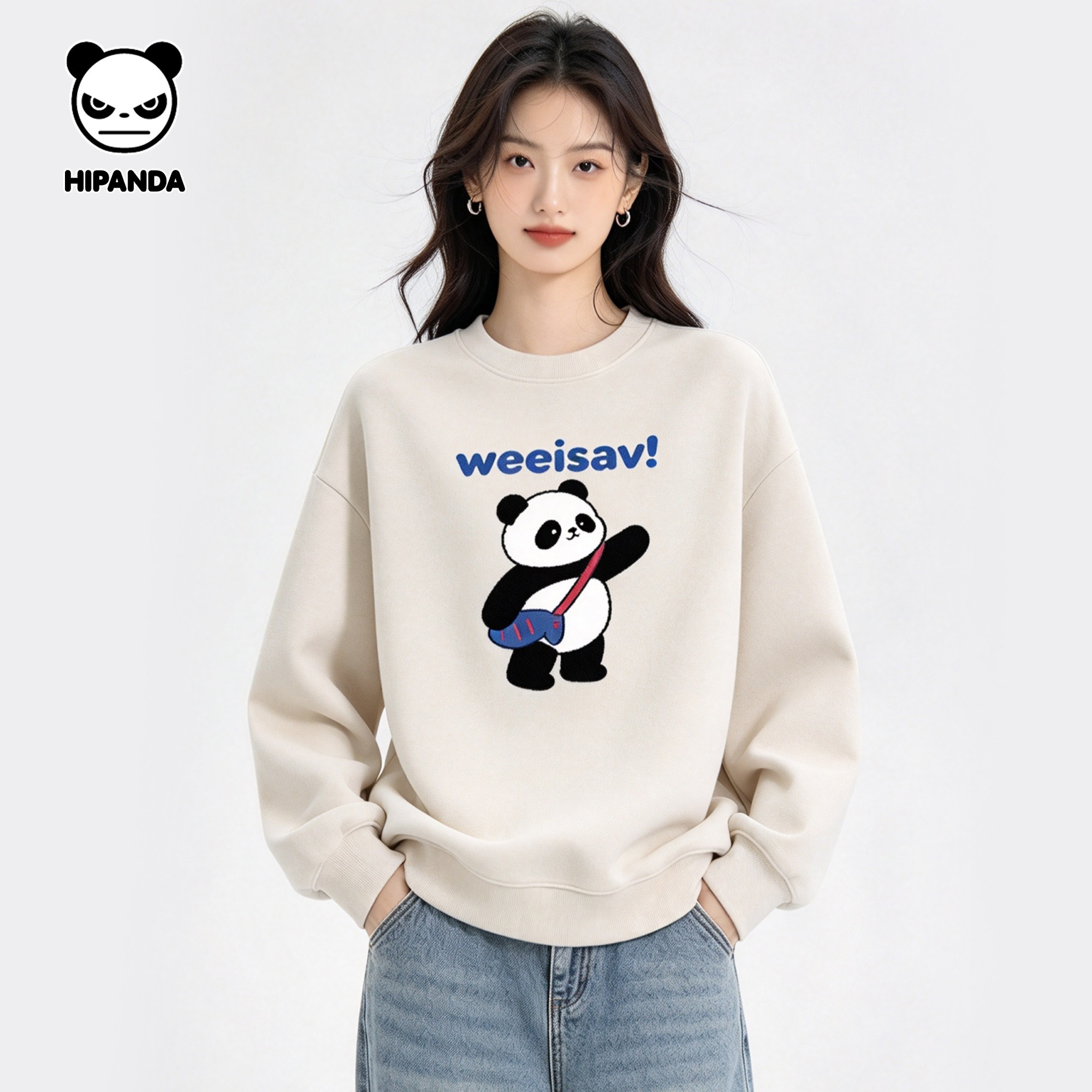 HIPANDA熊猫卡通印花圆领卫衣男女情侣款美式可爱运动休闲上衣潮