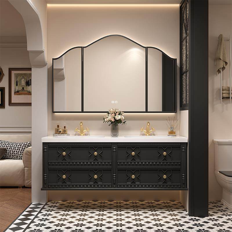 法式复古岩板无缝陶瓷一体盆浴室柜组合卫生间双盆洗脸台洗手脸盆