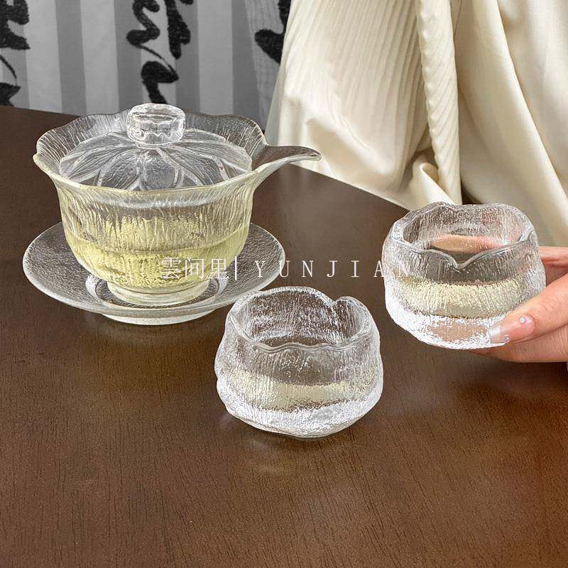 莲花盖碗茶杯冰川纹玻璃功夫茶具套装家用冰冻烧泡茶公道杯盖碗杯