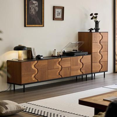 中古风电视柜黑胡桃柚木色实木电视柜复古侘寂风民宿落地电视机柜