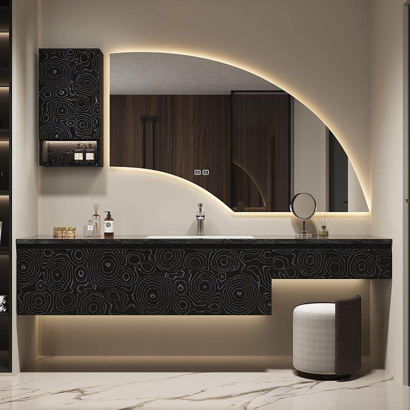 意式轻奢浴室柜梳妆台一体岩板无缝盆洗漱台卫生间洗脸盆定制